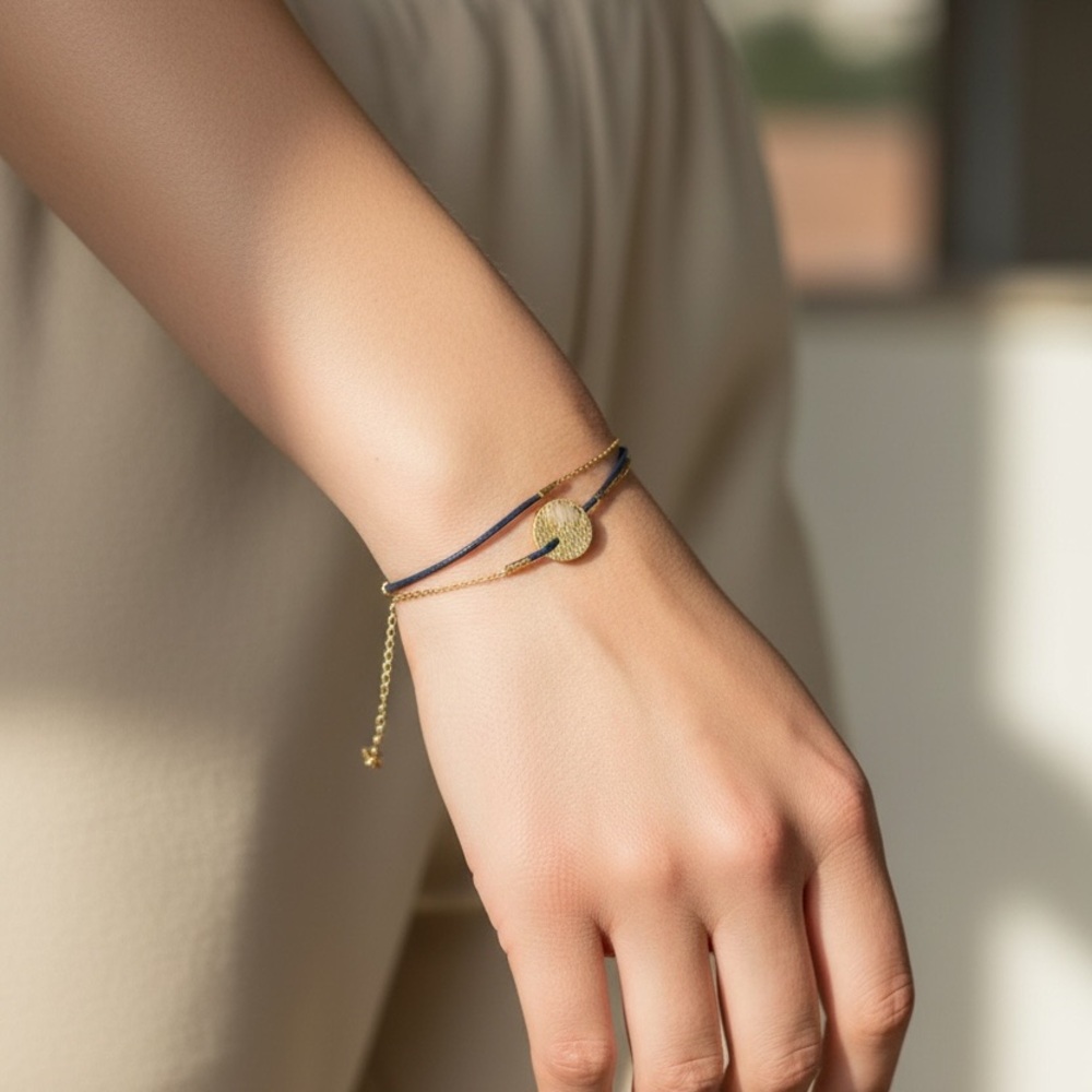 Gold Disc Layered Bracelet with Navy Cord